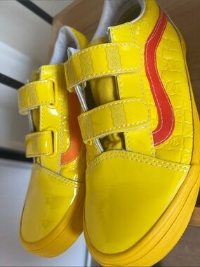 Vans HARI Bright Yellow Patent Kids Sneakers with Orange Stripe gummy bears